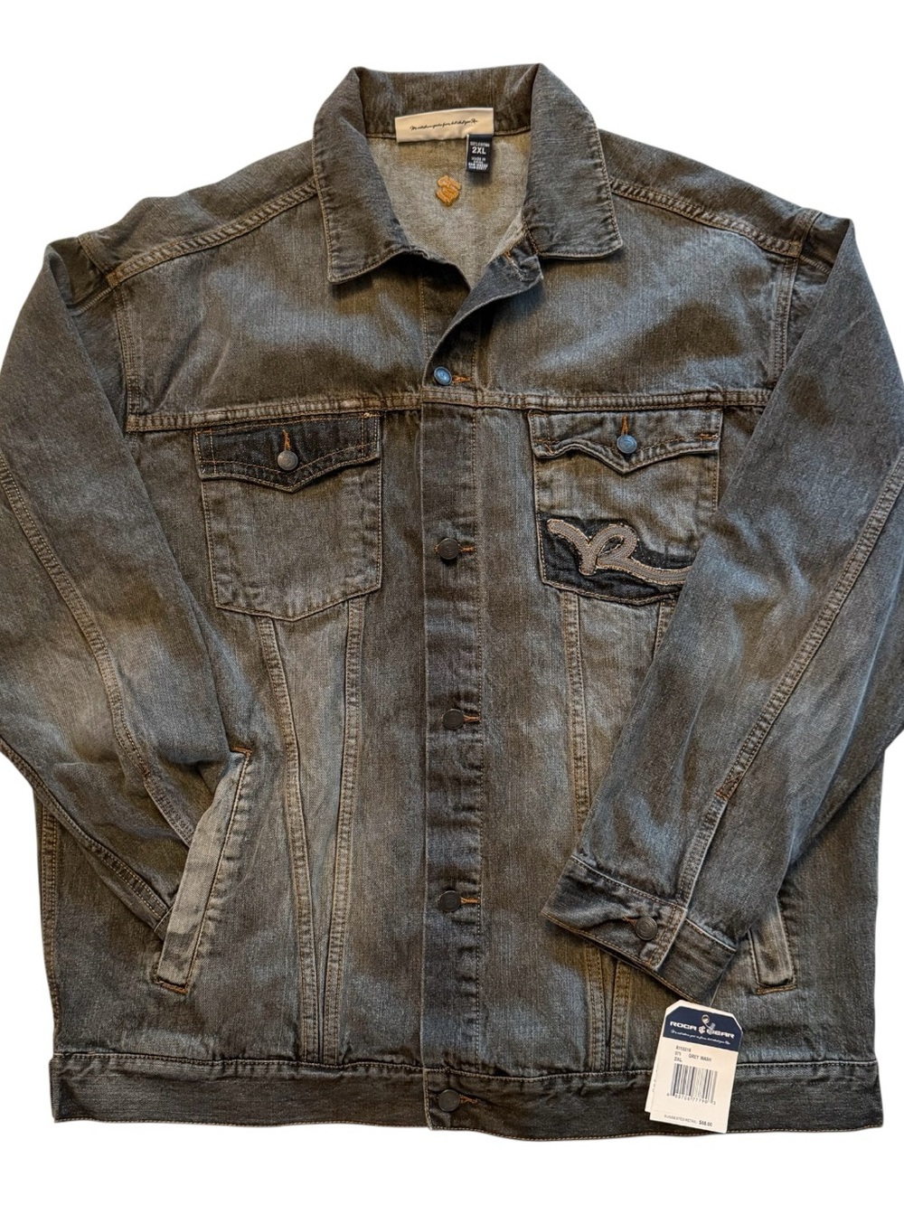 Rocawear Men's Gray Denim Trucker Jacket XXL NWT Embroidered Logo Y2K Hip Hop
